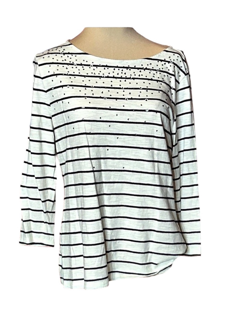 Apt. 9 Striped Embellished Long Sleeve Top in White & Black Like